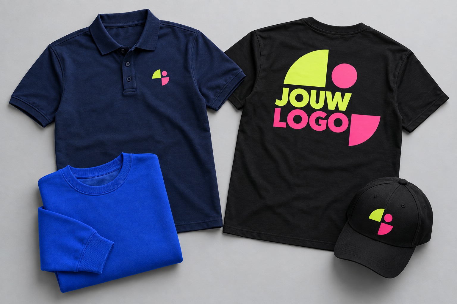 Ontwerpvoorbeeld van een polo, T-shirt, sweater en cap met kleurrijke logobedrukking