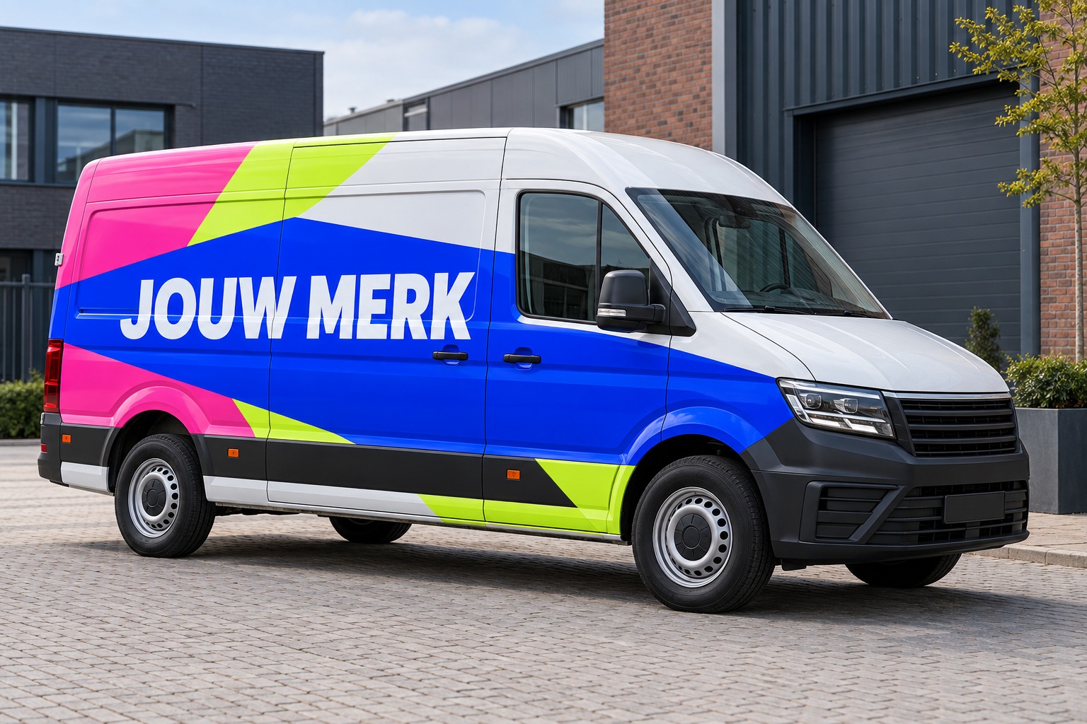 Ontwerpvoorbeeld van een bedrijfsbus met blauwe, roze en limegroene autoreclame